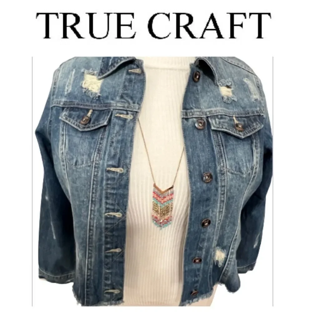 NWOT True Craft Distressed Cropped Blue‎ Jean Jacket - 0X